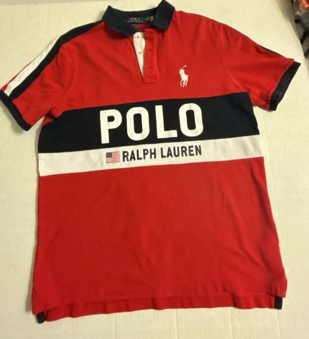 Polo Ralph Lauren Classic Fit Spell Out Big Logo USA Flag Polo Shirt Red Black M